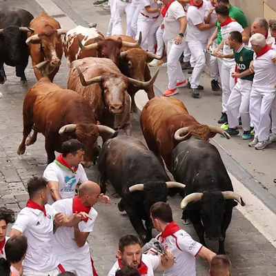 PAMPLONA, 10/07/2026.- Los toros de la ganadería Alvaro Núñez a su paso por la cuesta de Santo Domingo durante el cuarto encierro de los Sanfermines 2026 este viernes en Pamplona. EFE/J.P. Urdiroz
