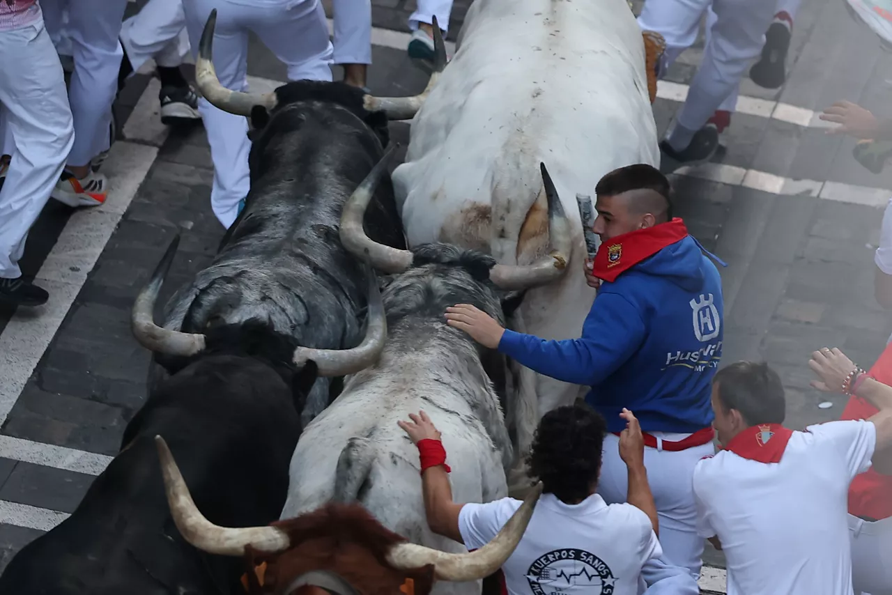 PAMPLONA, 08/07/2026.- Los toros de la ganadería gaditana de Cebada Gago enfilan la calle de la Estafeta tras pasar por la curva de Mercaderes en el segundo encierro de los Sanfermines 2026, este miércoles en Pamplona. EFE/J.P. Urdiroz
