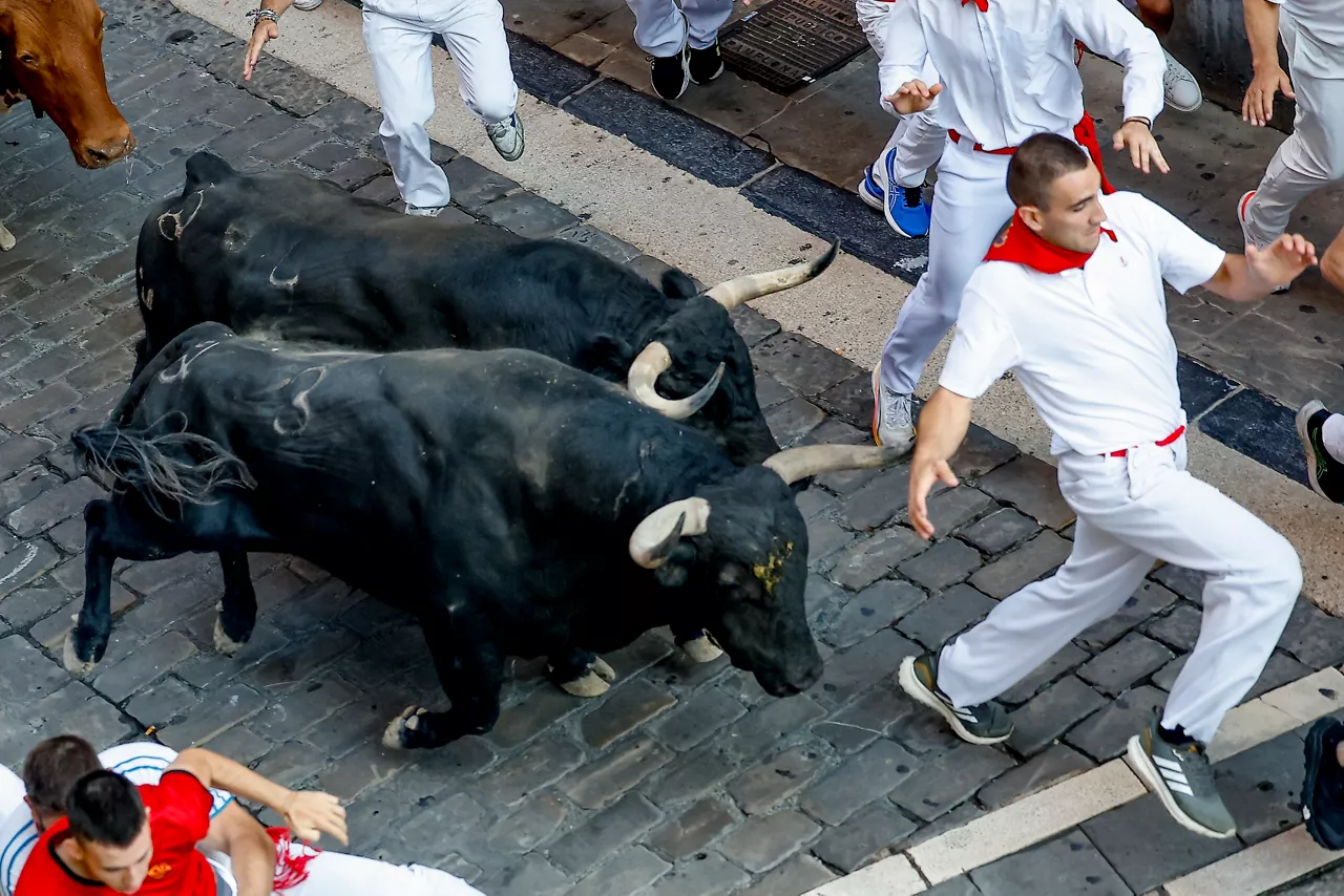 PAMPLONA, 14/07/2026.- Los toros de la ganadería extremeña de Jandilla a su paso por la Plaza Consistorial durante el último encierro de los Sanfermines 2026, este martes en Pamplona. EFE/Villar López

