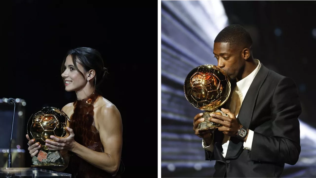 Bonmatí y Dembele con los galardones en París. Fotos: EFE