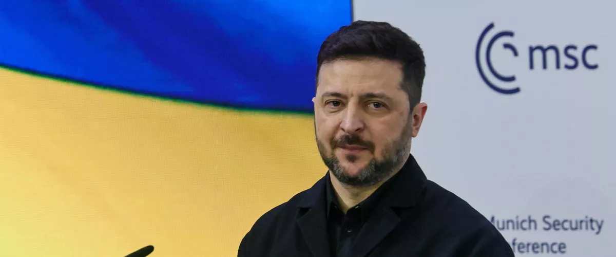 MUNICH (Germany), 14/02/2026.- Ukraine President Volodymyr Zelensky speaks during the 62nd Munich Security Conference (MSC) at the hotel 'Bayerischer Hof', in Munich, Germany, 14 February 2026. The 62nd Munich Security Conference, running from 13 to 15 February 2026, is expected to host around 50 world leaders. (Alemania, Ucrania) EFE/EPA/RONALD WITTEK
