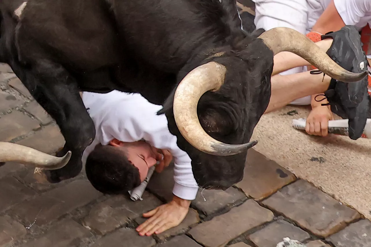 PAMPLONA, 10/07/2026.- Un toro de la ganadería Alvaro Núñez engancha a un mozo en el tramo que va desde el final de la cuesta de Santo Domingo a la curva de Mercaderes, este viernes, durante el cuarto encierro de los Sanfermines 2026 en Pamplona. EFE/ J.P. Urdiroz
