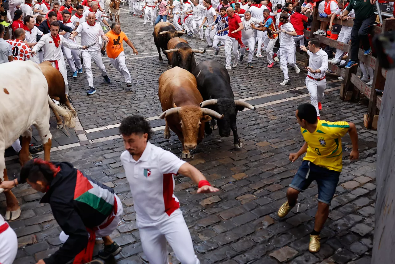 PAMPLONA, 12/07/2026.- Los toros de la ganadería gaditana de La Palmosilla entran en la curva de Mercaderes durante el sexto encierro de los Sanfermines 2026, este domingo en Pamplona. EFE/Villar López

