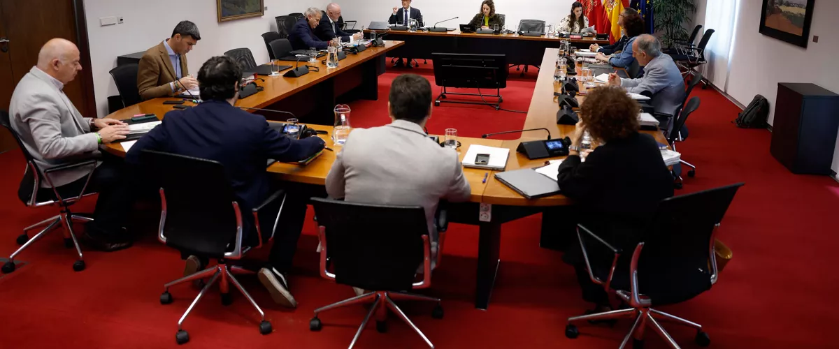 PAMPLONA, 14/10/2025.- El presidente de la mesa de contratación de la obra para duplicar los túneles de Belate Jesús Polo (fondo, i), abre este martes las comparecencias de la Comisión de Investigación del Parlamento de Navarra sobre las licitaciones de obra pública. Los grupos parlamentarios decidieron que la Comisión comenzara analizando las obras de Belate, que son las últimas, de hecho, están en marcha. Descartó así hacerlo de forma cronológica desde el año 2011 hasta hoy. EFE/ Jesus Diges
