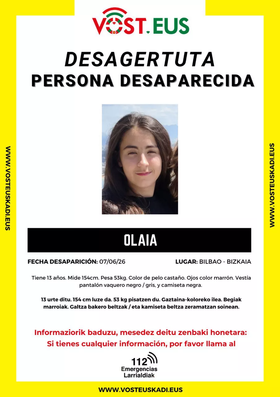 VOST Euskadi solicita la colaboración ciudadana para localizar a Olaia, una menor de 14 años desaparecida el 31 de julio en Bakio. Cualquier información debe comunicarse al 112.