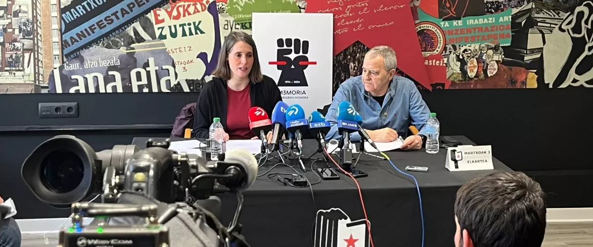 Rueda de prensa de Martxoak 3



REMITIDA / HANDOUT por MARTXOAK 3

Fotografía remitida a medios de comunicación exclusivamente para ilustrar la noticia a la que hace referencia la imagen, y citando la procedencia de la imagen en la firma

24/2/2026