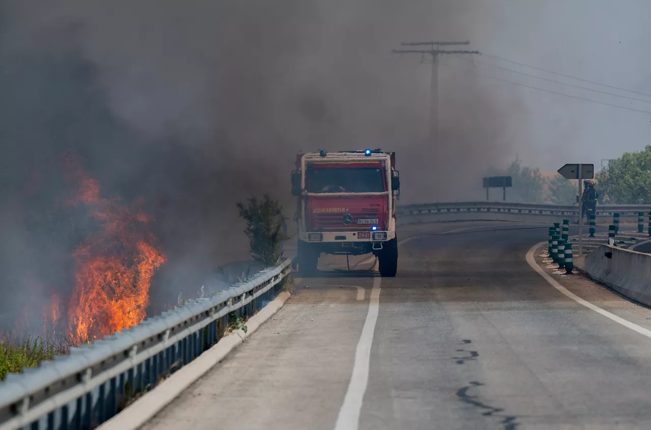 Un camión de bomberos durante las labores de extinción de un incendio forestal, en la carretera M 206 entre Torrejón y Loeches, a 23 de julio de 2026, en Madrid (España). La circulación de alta velocidad entre Madrid y Barcelona ha quedado restablecida en la tarde de este jueves tras el corte provocado por un incendio declarado este mediodía próximo a la vía y que ha afectado a los trenes que cubren el trayecto Mejorada de Campo y Alcalá de Henares.



Alberto Ortega / Europa Press

23/7/2026