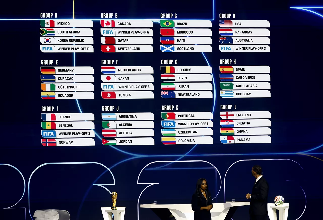 WASHINGTON (United States), 05/12/2025.- The groups are on display at the end of the FIFA World Cup 2026 Final Draw at the Kennedy Center in Washington DC, USA, 05 December 2025. (Mundial de Fútbol) EFE/EPA/WILL OLIVER
