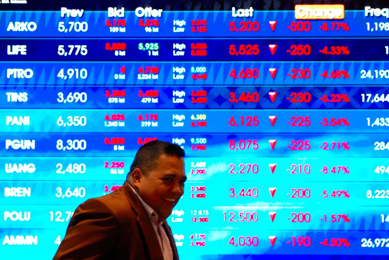 JAKARTA (Indonesia), 24/07/2026.- A man reacts in front of an LCD board displaying stock prices at the Indonesia Stock Exchange (IDX) building in Jakarta, Indonesia, 24 July 2026. Indonesian stocks fell more than 100 points during morning trading on 24 July, following an overnight sell-off on Wall Street after the Trump administration announced new tariffs on 60 trading partners to replace the expiring 10 percent levy. EFE/EPA/MAST IRHAM
