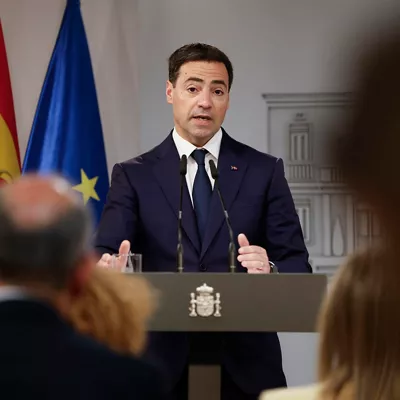 MADRID, 27/03/2026.- El lehendakari, Imanol Pradales, durante la rueda de prensa posterior a la tercera reunión de la Comisión Bilateral de Cooperación Estado-Euskadi, que ha mantenido con el presidente del Gobierno, Pedro Sánchez, este viernes en Moncloa. EFE/ Chema Moya
