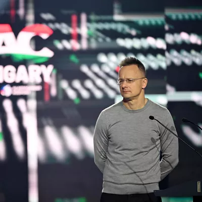 Budapest (Hungary), 21/03/2026.- Hungarian Minister of Foreign Affairs and Trade Peter Szijjarto speaks at the Conservative Political Action Conference (CPAC) in MTK Sportpark in Budapest, Hungary, 21 March 2026. The Hungarian edition of CPAC is held by the Center for Fundamental Rights for the fifth consecutive year. (Hungría) EFE/EPA/Zoltan Balogh HUNGARY OUT
