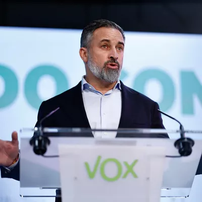 MADRID, 16/03/2026.- Rueda de prensa del líder de Vox, Santiago Abascal, tras el Comité de Acción de Política del partido celebrado, este lunes en Madrid. EFE/Rodrigo Jiménez
