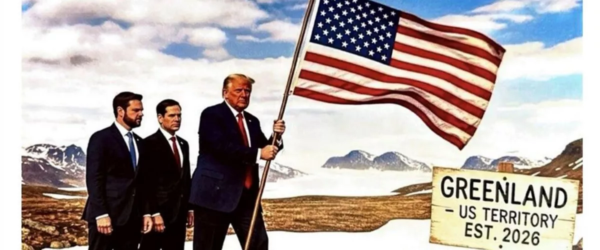 WASHINGTON, 20/01/2026.- El presidente de Estados Unidos, Donald Trump, ha publicado este martes en su red social Truth una imagen creada con Inteligencia Artificial (IA) en el que aparece junto a su secretario de Estado, Marco Rubio, y su vicepresidente J.D. Vance, plantando una bandera estadounidense junto a un cartel que dice “Groenlandia, territorio de Estados Unidos” y se menciona el año en curso, 2026. EFE/ Red social Truth - SOLO USO EDITORIAL/SOLO DISPONIBLE PARA ILUSTRAR LA NOTICIA QUE ACOMPAÑA (CRÉDITO OBLIGATORIO) -
