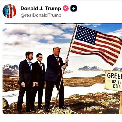 WASHINGTON, 20/01/2026.- El presidente de Estados Unidos, Donald Trump, ha publicado este martes en su red social Truth una imagen creada con Inteligencia Artificial (IA) en el que aparece junto a su secretario de Estado, Marco Rubio, y su vicepresidente J.D. Vance, plantando una bandera estadounidense junto a un cartel que dice “Groenlandia, territorio de Estados Unidos” y se menciona el año en curso, 2026. EFE/ Red social Truth - SOLO USO EDITORIAL/SOLO DISPONIBLE PARA ILUSTRAR LA NOTICIA QUE ACOMPAÑA (CRÉDITO OBLIGATORIO) -
