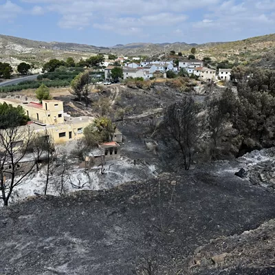 LOS GALLARDOS (ALMERÍA) 12/07/2026.- Tereno calcinado junto al restaurante Anita en Los Gallardos, Almería, donde parece ser se produjo el inicio del incendio. El dispositivo del Plan Infoca ha dado por estabilizado a las 11:00 horas de este domingo el incendio forestal declarado en Los Gallardos (Almería), que ha calcinado 7.000 hectáreas con un perímetro de más de 40 kilómetros, lo que permite desescalar la emergencia y autorizar el regreso a sus hogares de las 1.000 personas que continuaban desalojadas. EFE/ Carlos Barba

