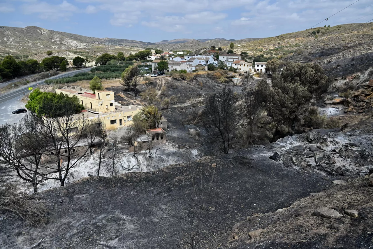 LOS GALLARDOS (ALMERÍA) 12/07/2026.- Tereno calcinado junto al restaurante Anita en Los Gallardos, Almería, donde parece ser se produjo el inicio del incendio. El dispositivo del Plan Infoca ha dado por estabilizado a las 11:00 horas de este domingo el incendio forestal declarado en Los Gallardos (Almería), que ha calcinado 7.000 hectáreas con un perímetro de más de 40 kilómetros, lo que permite desescalar la emergencia y autorizar el regreso a sus hogares de las 1.000 personas que continuaban desalojadas. EFE/ Carlos Barba
