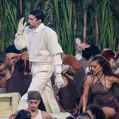 SANTA CLARA (United States), 09/02/2026.- Bad Bunny performs in the Halftime Show of the Super Bowl LX between the New England Patriots and the Seattle Seahawks at the Levi's Stadium in Santa Clara, California, USA, 08 February 2026. EFE/EPA/CHRIS TORRES
