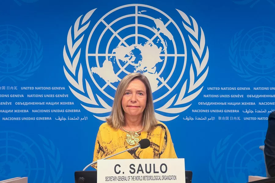 GINEBRA, 03/09/2026.- La secretaria general de la Organización Meteorológica Mundial (OMM), Celeste Saulo, da una rueda de prensa para presentar el boletín trimestral sobre la evolución de este fenómeno climático en Ginebra. EFE/ Isabel Saco
