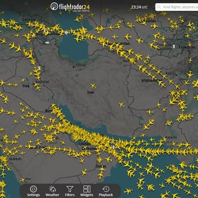 AME5343. BOGOTÁ (COLOMBIA), 14/01/2026.- Captura de la pagina Flightradar24 donde se visualiza en tráfico aéreo sobre y alrededor de Irán. El Gobierno de Irán notificó en la madrugada de este jueves el cierre de su espacio aéreo durante poco más de dos horas, según la página de rastreo de vuelos Flightradar24. EFE/ Flightradar24 /SOLO USO EDITORIAL/ SOLO DISPONIBLE PARA ILUSTRAR LA NOTICIA QUE ACOMPAÑA (CRÉDITO OBLIGATORIO)
