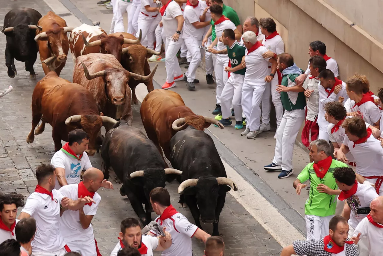 PAMPLONA, 10/07/2026.- Los toros de la ganadería Alvaro Núñez a su paso por la cuesta de Santo Domingo durante el cuarto encierro de los Sanfermines 2026 este viernes en Pamplona. EFE/J.P. Urdiroz
