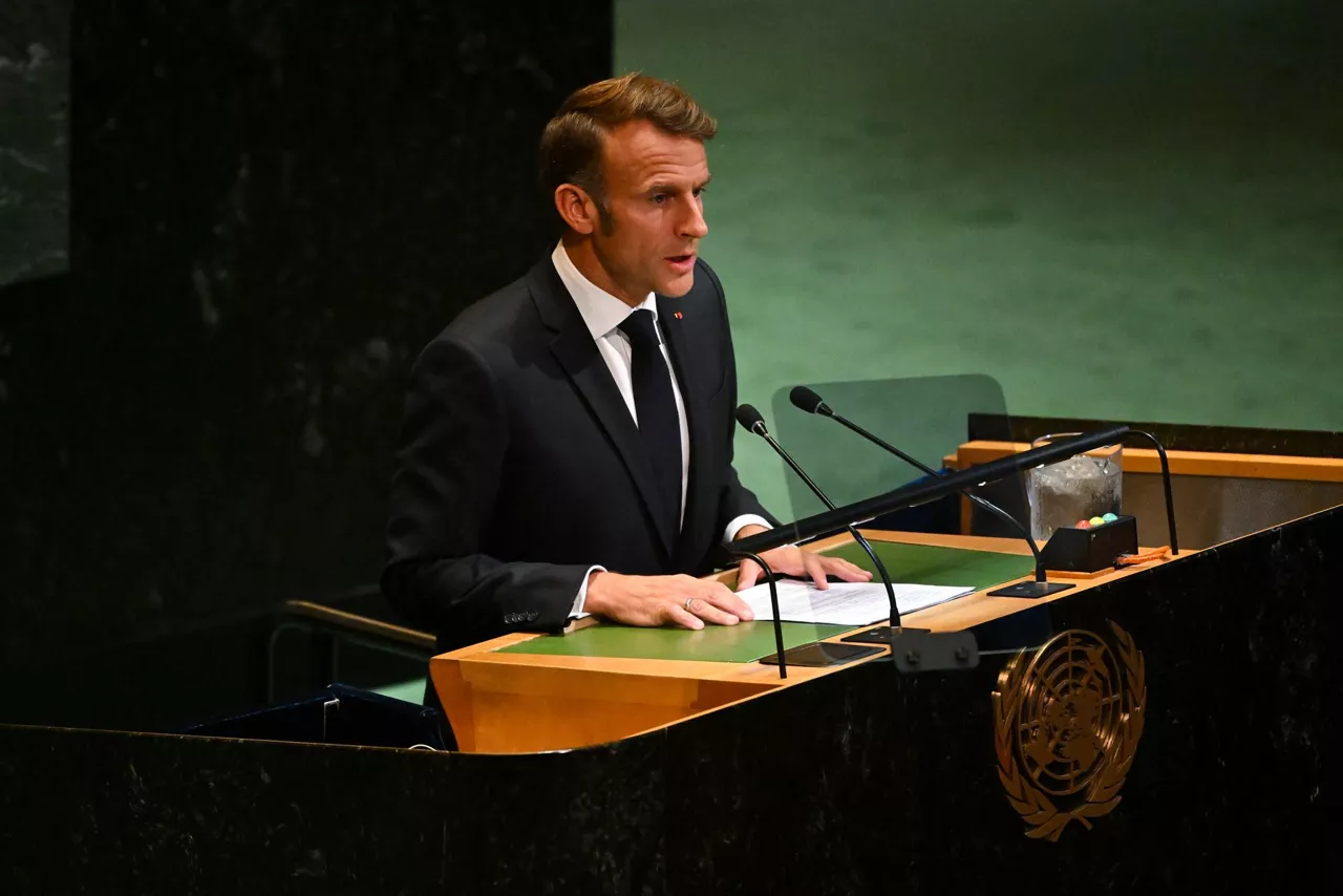New York (United States), 22/09/2025.- President of France Emmanuel Macron addresses the High-Level International Conference for the Peaceful Settlement of the Question of Palestine and the Implementation of the Two-State Solution, at the United Nations (UN) headquarters in New York, New York, USA, 22 September 2025. The UN General Assembly's high-level week runs from 22 until 30 September. (Francia, Nueva York) EFE/EPA/LUKAS COCH AUSTRALIA AND NEW ZEALAND OUT
