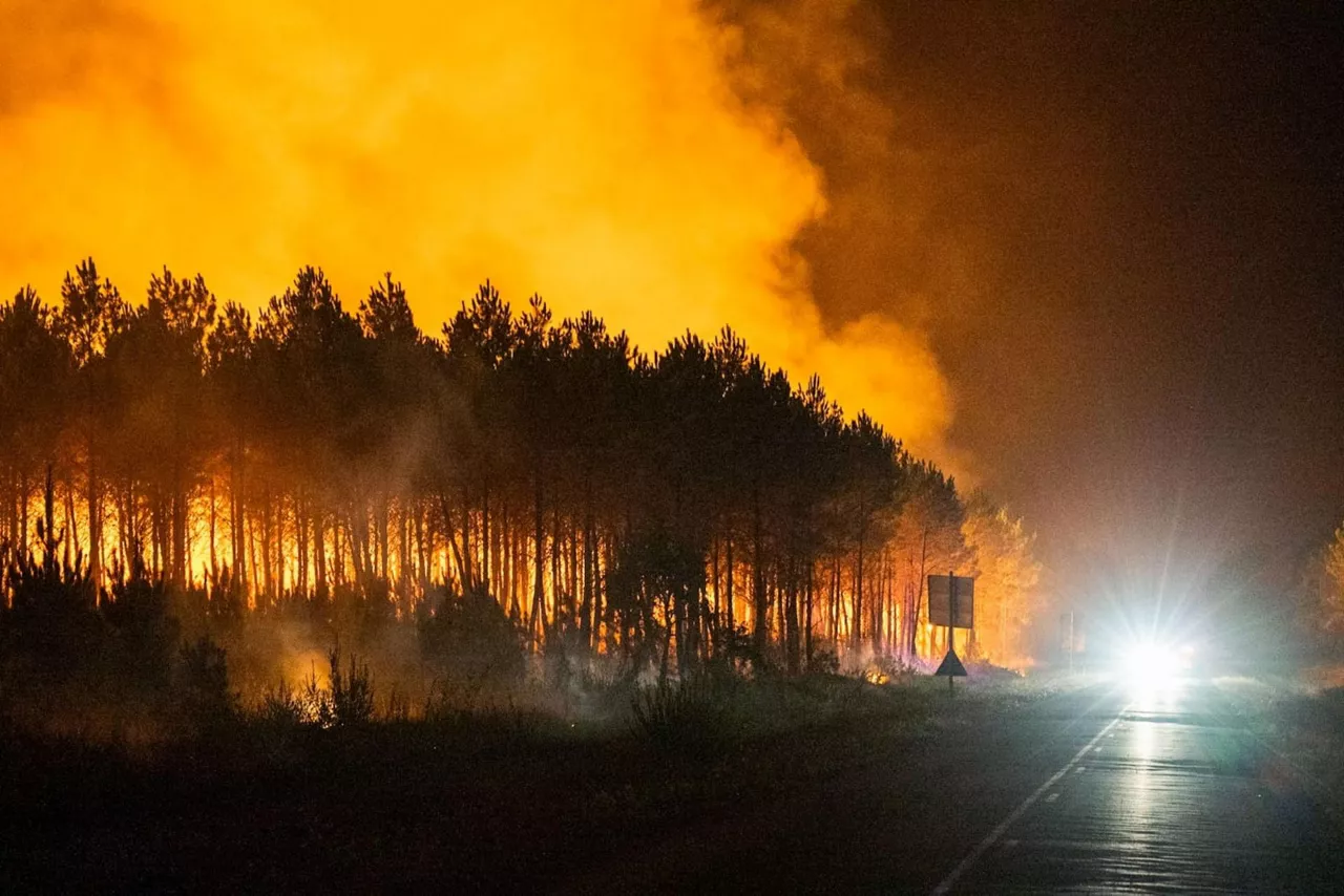 BISCARROSSE (France), 25/07/2026.- A handout photo made available by the French Landes Prefecture shows a forest burning in Biscarrosse, southern France, 25 July 2026. According to French Interior Minister Nunez, the country is battling dozens of wildfires that have triggered widespread evacuations, leading France to request emergency support through the EU Civil Protection Mechanism. (incendio forestal, Francia) EFE/EPA/LOIC MARTIN / HANDOUT HANDOUT EDITORIAL USE ONLY/NO SALES
