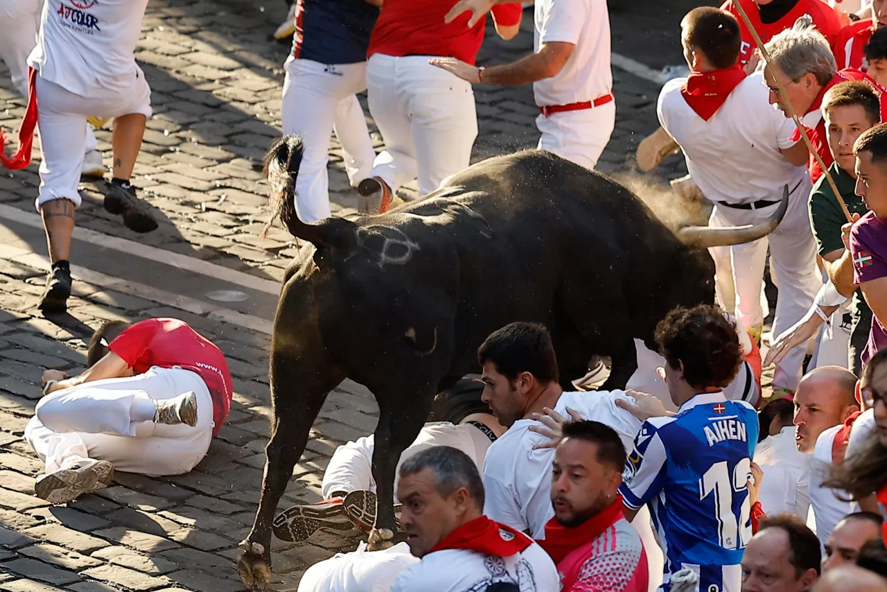 PAMPLONA, 14/07/2026.- Un toro de la ganadería extremeña de Jandilla embiste a varios mozos al principio de la calle Mercaderes, durante el último encierro de los Sanfermines 2026, este martes en Pamplona. EFE/Villar López
