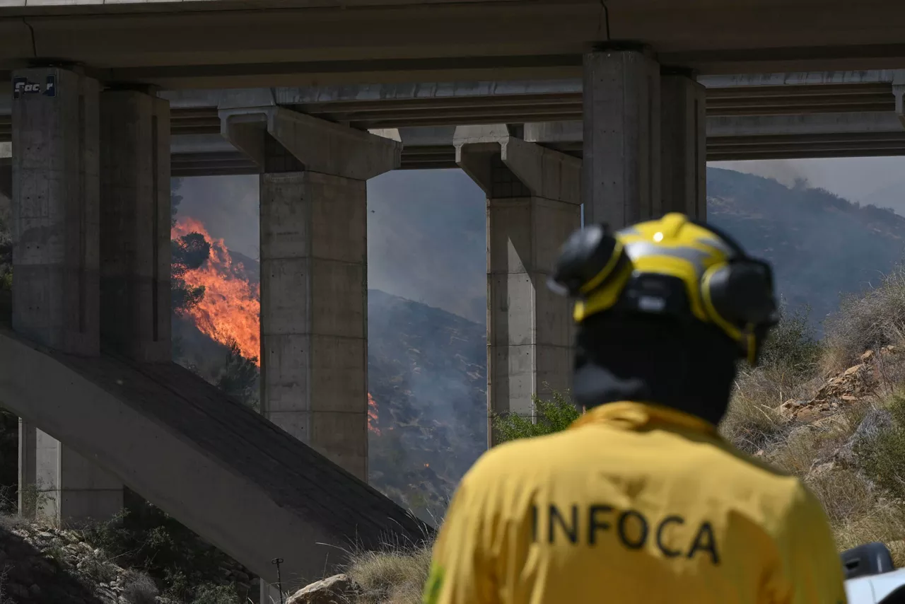 FOTODELDÍA. LOS GALLARDOS (ALMERÍA) 10/07/2026. Efectivos antiincendios trabajan en labores de extinción del incendio de Los Gallardos en Almería, este viernes. EFE / Carlos Barba

