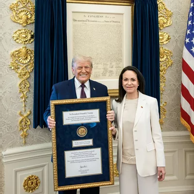 AME5697. WASHINGTON (ESTADOS UNIDOS), 15/01/2026.- Fotografía tomada a través de rastreo de redes que muestra al presidente de Estados Unidos, Donald Trump, posando junto a la líder opositora venezolana María Corina Machado este jueves, en Washington (EE.UU). Machado entregó a Trump la medalla del Premio Nobel de la Paz, enmarcada con un mensaje de "gratitud" del pueblo venezolano por sus acciones para lograr "su libertad". EFE/ Rastreo de Redes /SOLO USO EDITORIAL/ SOLO DISPONIBLE PARA ILUSTRAR LA NOTICIA QUE ACOMPAÑA (CRÉDITO OBLIGATORIO)
