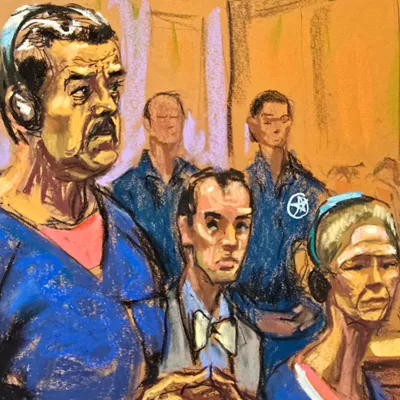 Fotografía de un dibujo realizado por la artista Jane Rosenberg donde aparece el presidente de Venezuela, Nicolás Maduro (c), junto a su esposa,, Cilia Flores