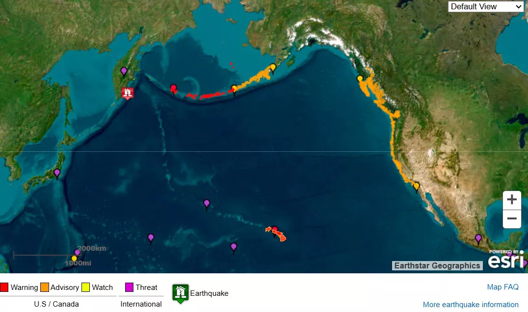 AME6325. TOKIO/LOS ÁNGELES (JAPÓN/EE.UU.), 29/07/2025.- Imagen cedida por el Servicio Meteorológico Nacional (NOAA) de los Estados Unidos y su Sistema de Alerta de Tsunamis que muestra el punto origen del terremoto de magnitud 8,8 este martes, en la península rusa de Kamchatka (Rusia) y las posibles áreas de impacto de tsunami. Un terremoto de magnitud 8,8 frente a las costas del sur de la península rusa de Kamchatka desató alertas de tsunami en varios países bañados por el océano Pacífico, entre ellos Japón y los territorios estadounidenses de Hawái y Alaska. EFE/ NOAA /SOLO USO EDITORIAL/ SOLO DISPONIBLE PARA ILUSTRAR LA NOTICIA QUE ACOMPAÑA (CRÉDITO OBLIGATORIO)
