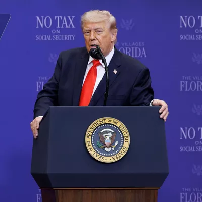 THE VILLAGES (United States), 02/05/2026.- US President Donald J. Trump delivers remarks during an event with seniors in The Villages, Florida, USA, 01 May 2026. Trump outlined tax proposals for retirees, including a senior deduction aimed at reducing taxes on Social Security benefits and other retirement-related measures. EFE/EPA/CRISTOBAL HERRERA-ULASHKEVICH
